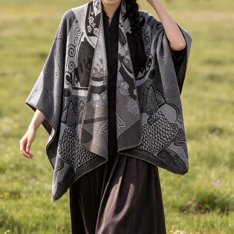 Buddha Stones Chal suave drapeado oriental con estampado de nubes de peces koi para otoño e invierno. - image 13