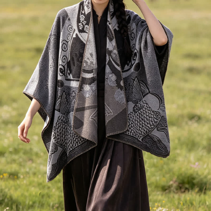 Buddha Stones Chal suave drapeado oriental con estampado de nubes de peces koi para otoño e invierno. - image 13
