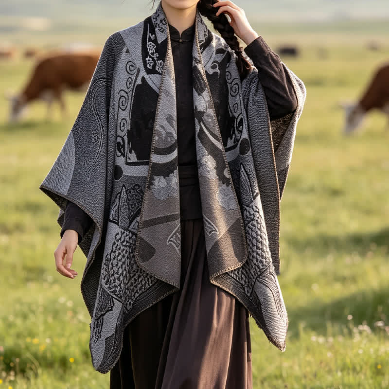 Buddha Stones Chal suave drapeado oriental con estampado de nubes de peces koi para otoño e invierno. - image 14