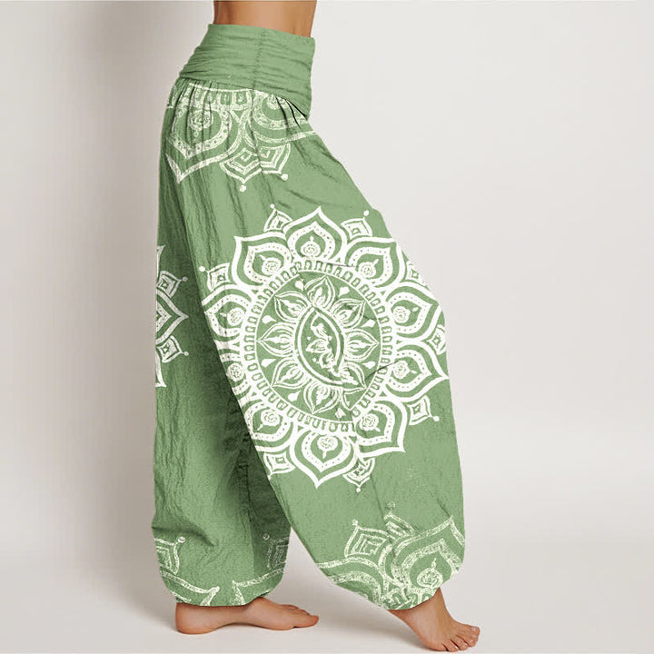 Buddha Stones Pantalones harem de mujer con cintura elástica, estampado floral mandala blanco, de algodón puro para mujer. - image 2