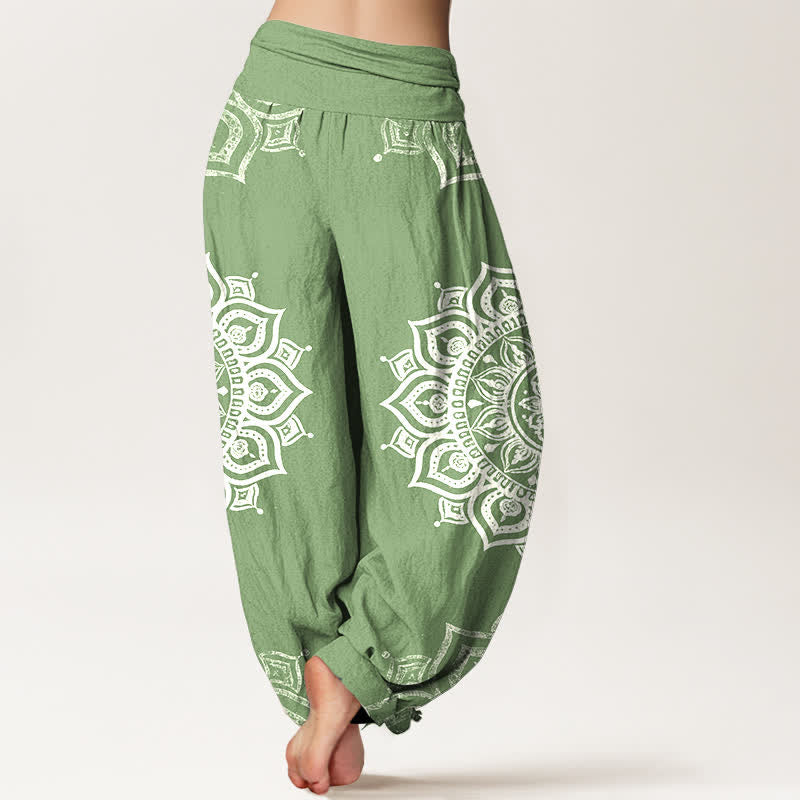 Buddha Stones Pantalones harem de mujer con cintura elástica, estampado floral mandala blanco, de algodón puro para mujer. - image 1