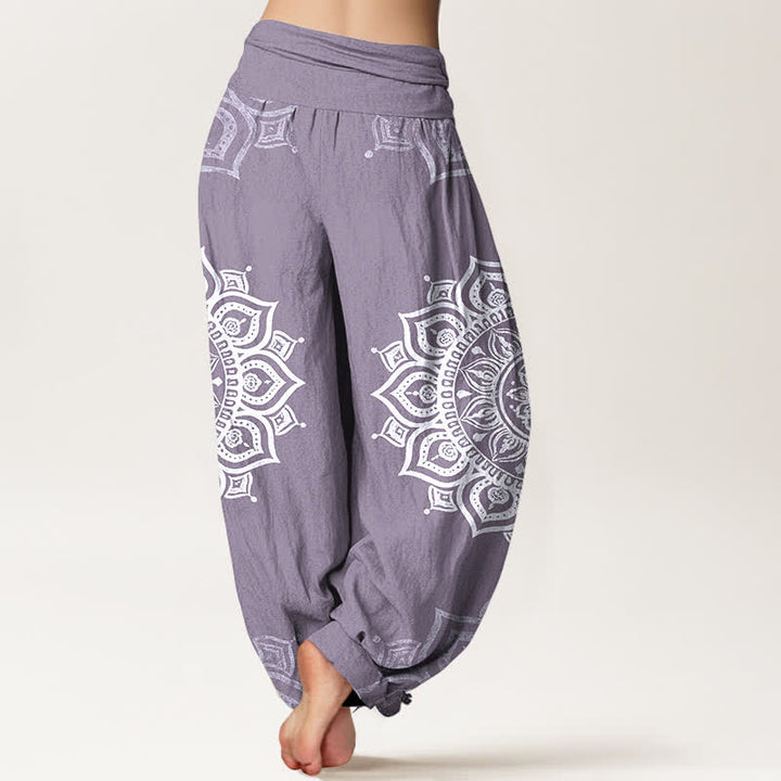 Buddha Stones Pantalones harem de mujer con cintura elástica, estampado floral mandala blanco, de algodón puro para mujer. - image 6