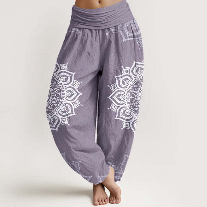 Buddha Stones Pantalones harem de mujer con cintura elástica, estampado floral mandala blanco, de algodón puro para mujer. - Morado medio - US16，UK/AU20，EU48 (3XL) - image 5