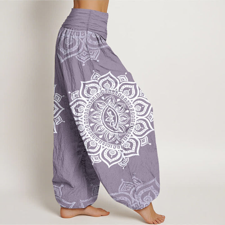 Buddha Stones Pantalones harem de mujer con cintura elástica, estampado floral mandala blanco, de algodón puro para mujer. - image 7