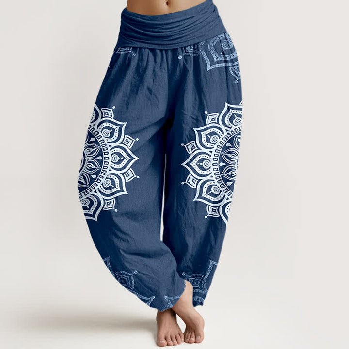 Buddha Stones Pantalones harem de mujer con cintura elástica, estampado floral mandala blanco, de algodón puro para mujer. - Azul acero - US16，UK/AU20，EU48 (3XL) - image 8
