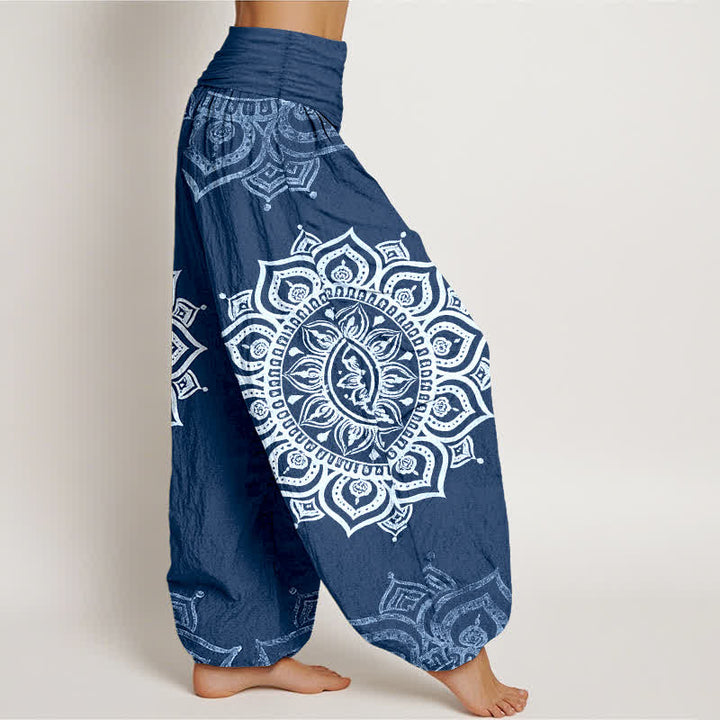 Buddha Stones Pantalones harem de mujer con cintura elástica, estampado floral mandala blanco, de algodón puro para mujer. - image 10