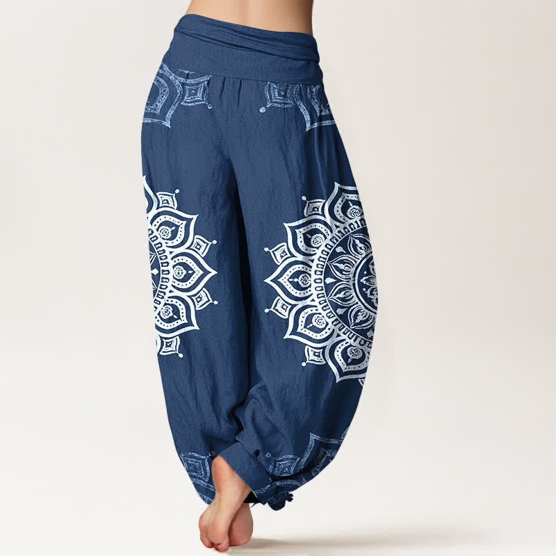 Buddha Stones Pantalones harem de mujer con cintura elástica, estampado floral mandala blanco, de algodón puro para mujer. - image 9
