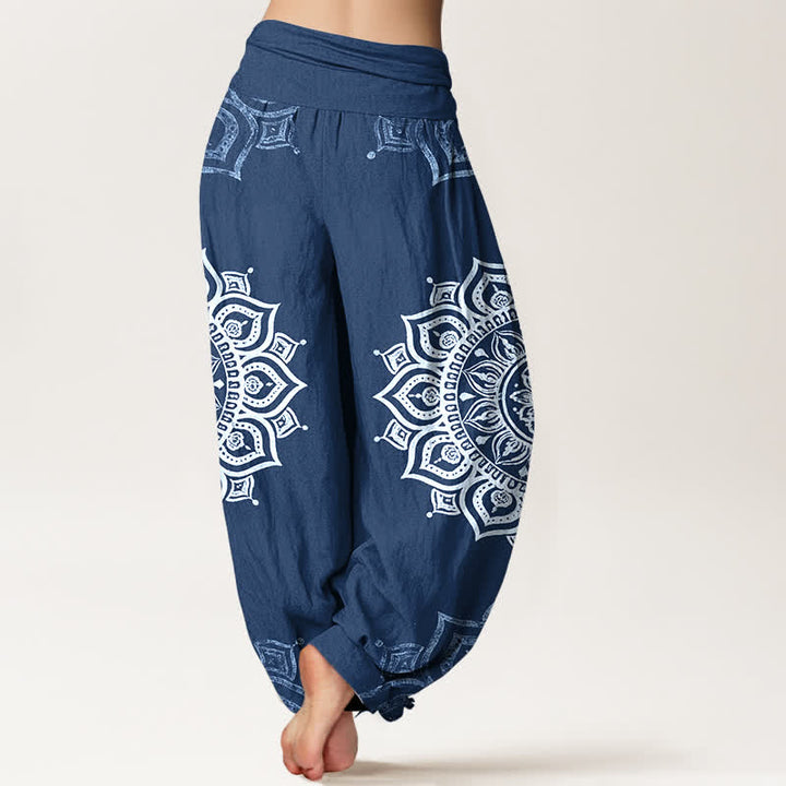 Buddha Stones Pantalones harem de mujer con cintura elástica, estampado floral mandala blanco, de algodón puro para mujer. - image 9