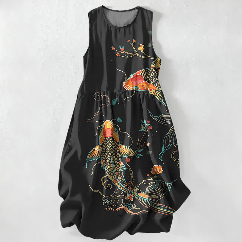 Buddha Stones Vestido midi de verano informal para mujer con estampado floral de olas y peces koi, sin mangas y con bolsillos. - Negro - US16，UK/AU20，EU48 (3XL) - image 0