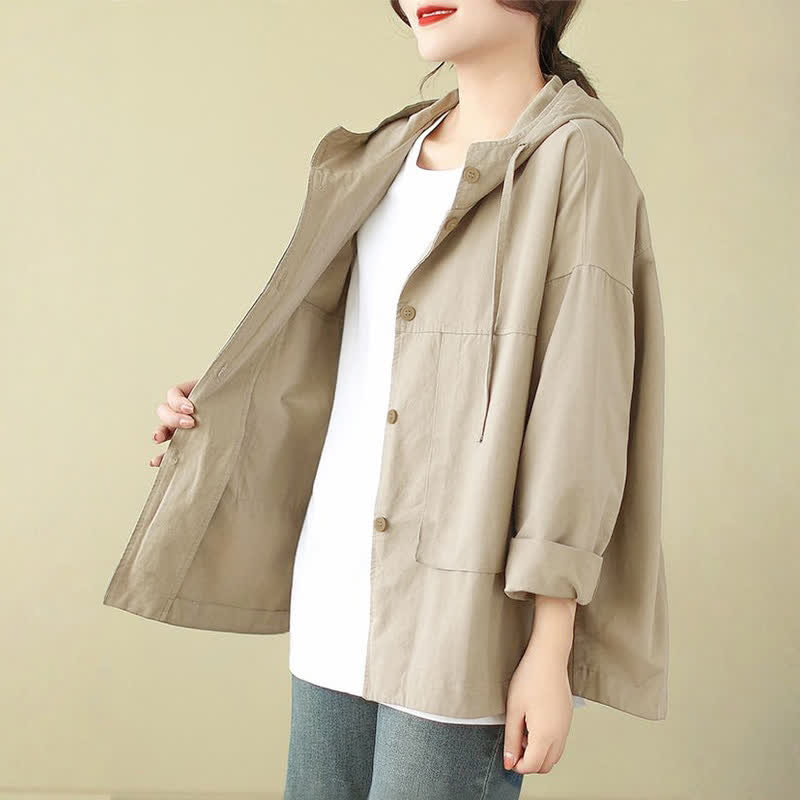 Buddha Stones Chaqueta informal minimalista de otoño para mujer con cordón ajustable y bolsillo. - image 1