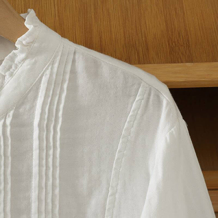 Buddha Stones Camisas de manga larga de algodón liso con pliegues y botones, estilo vintage elegante para otoño. - image 12