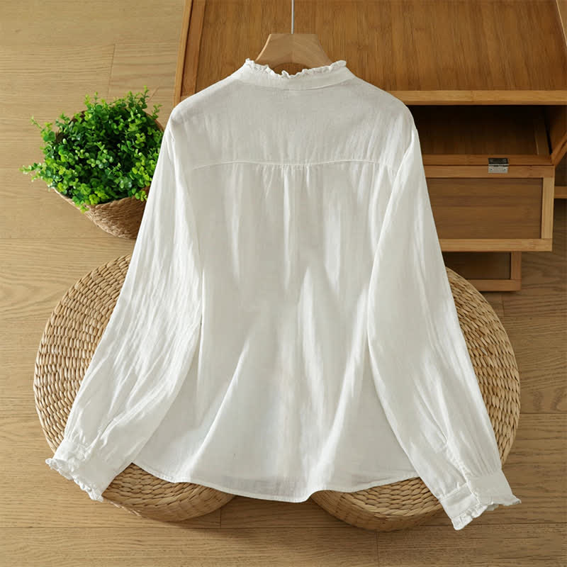 Buddha Stones Camisas de manga larga de algodón liso con pliegues y botones, estilo vintage elegante para otoño. - image 9