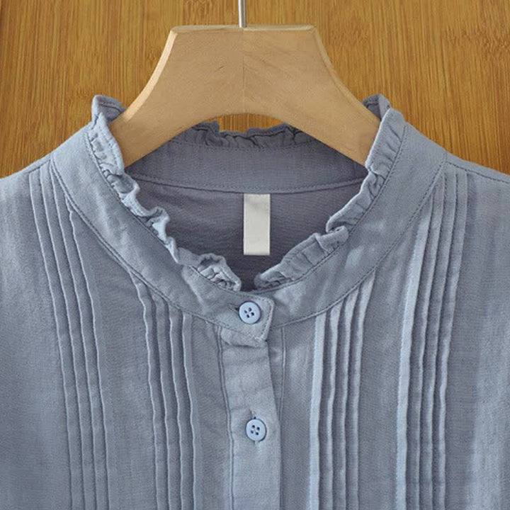 Buddha Stones Camisas de manga larga de algodón liso con pliegues y botones, estilo vintage elegante para otoño. - image 1
