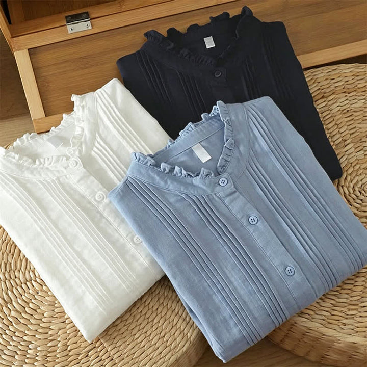 Buddha Stones Camisas de manga larga de algodón liso con pliegues y botones, estilo vintage elegante para otoño. - image 18