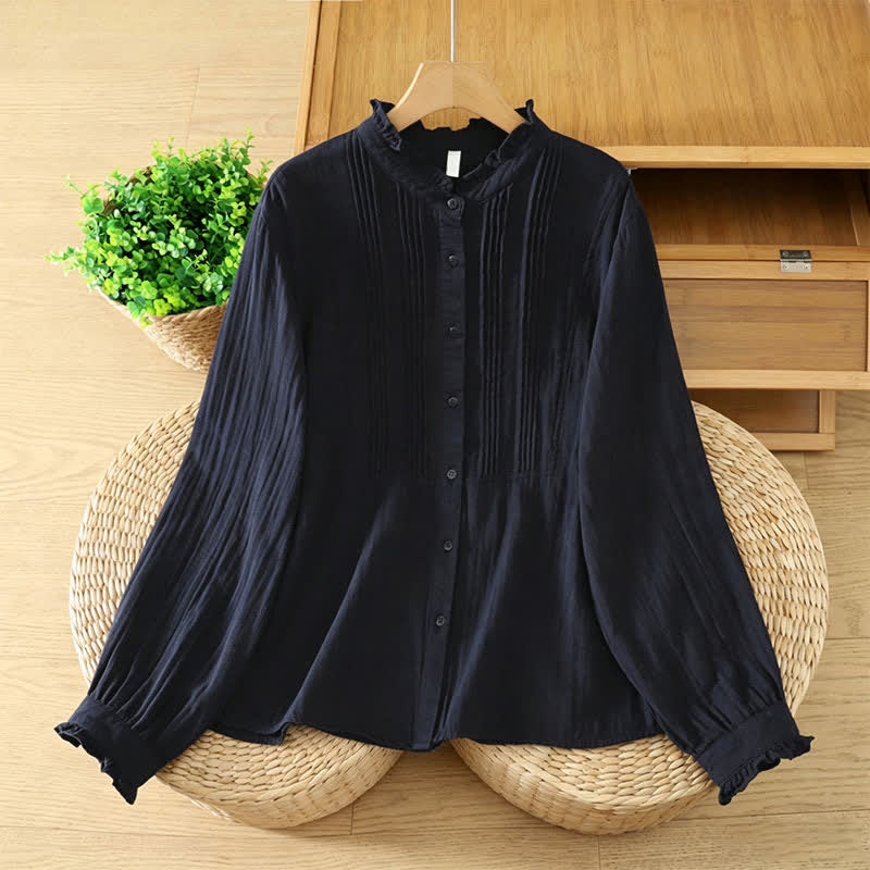 Buddha Stones Camisas de manga larga de algodón liso con pliegues y botones, estilo vintage elegante para otoño. - Azul medianoche - US12, UK/AU16, EU44 (2XL) - image 4