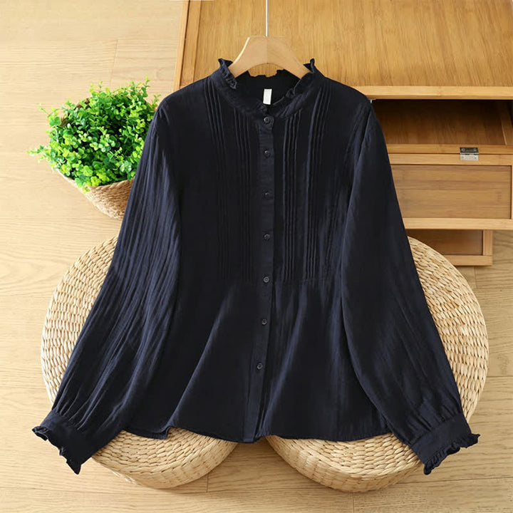 Buddha Stones Camisas de manga larga de algodón liso con pliegues y botones, estilo vintage elegante para otoño. - Azul medianoche - US12, UK/AU16, EU44 (2XL) - image 4