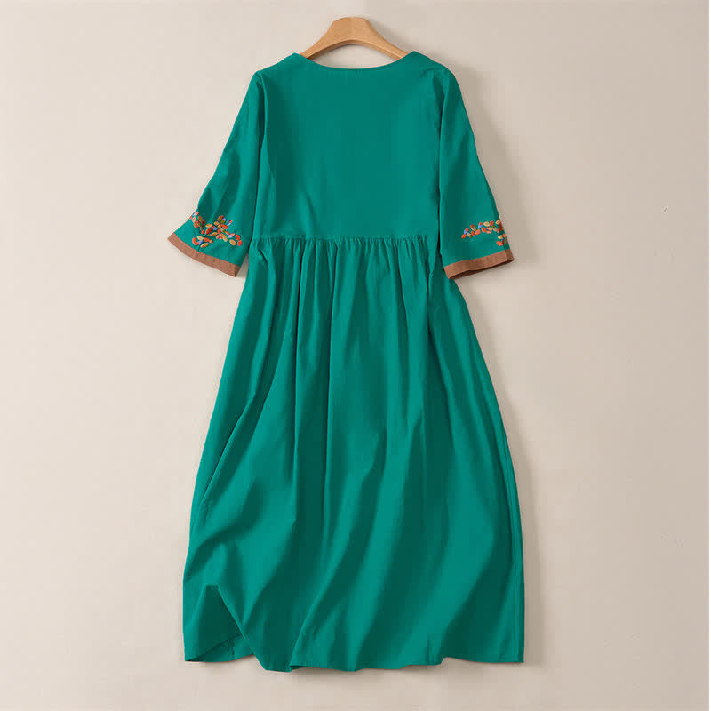 Vestido midi de manga corta para mujer con bordado étnico de Buddha Stones y estampado de primavera. - image 14