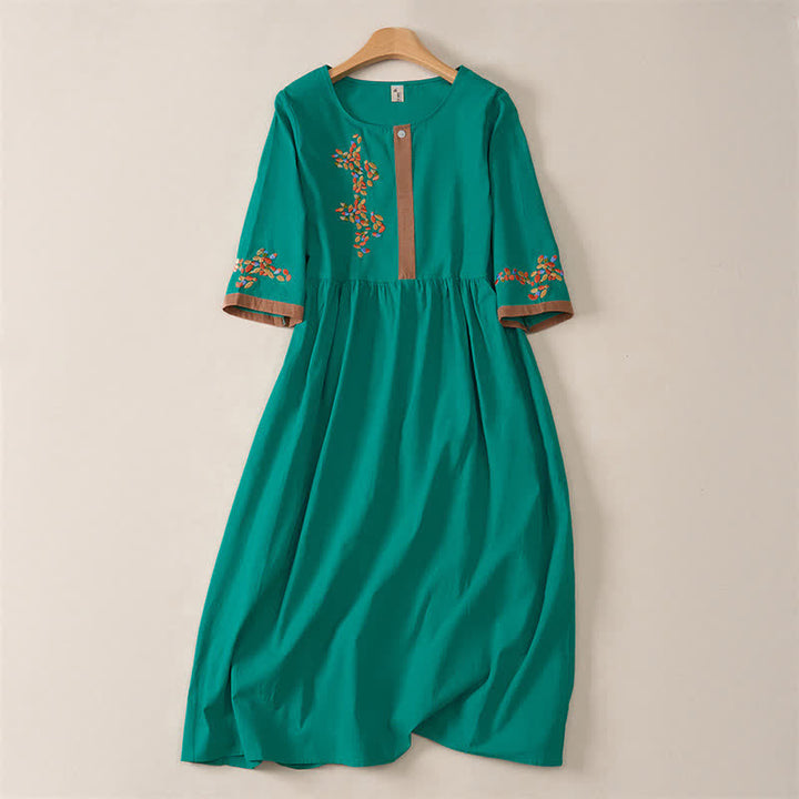 Vestido midi de manga corta para mujer con bordado étnico de Buddha Stones y estampado de primavera. - Verde azulado - US12, UK/AU16, EU44 (2XL) - image 13