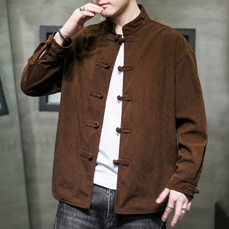 Buddha Stones Chaqueta de hombre de algodón liso con botones de rana, estilo casual de otoño/invierno. - image 6