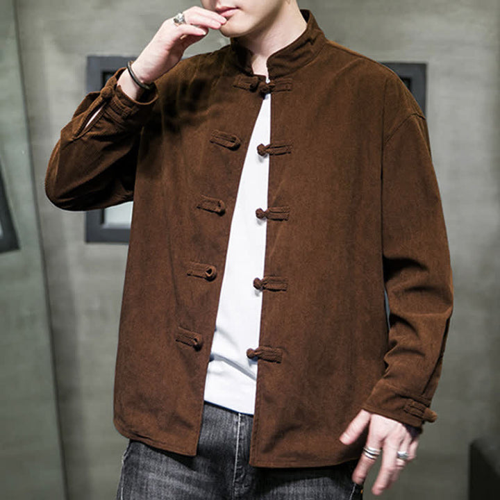 Buddha Stones Chaqueta de hombre de algodón liso con botones de rana, estilo casual de otoño/invierno. - image 6