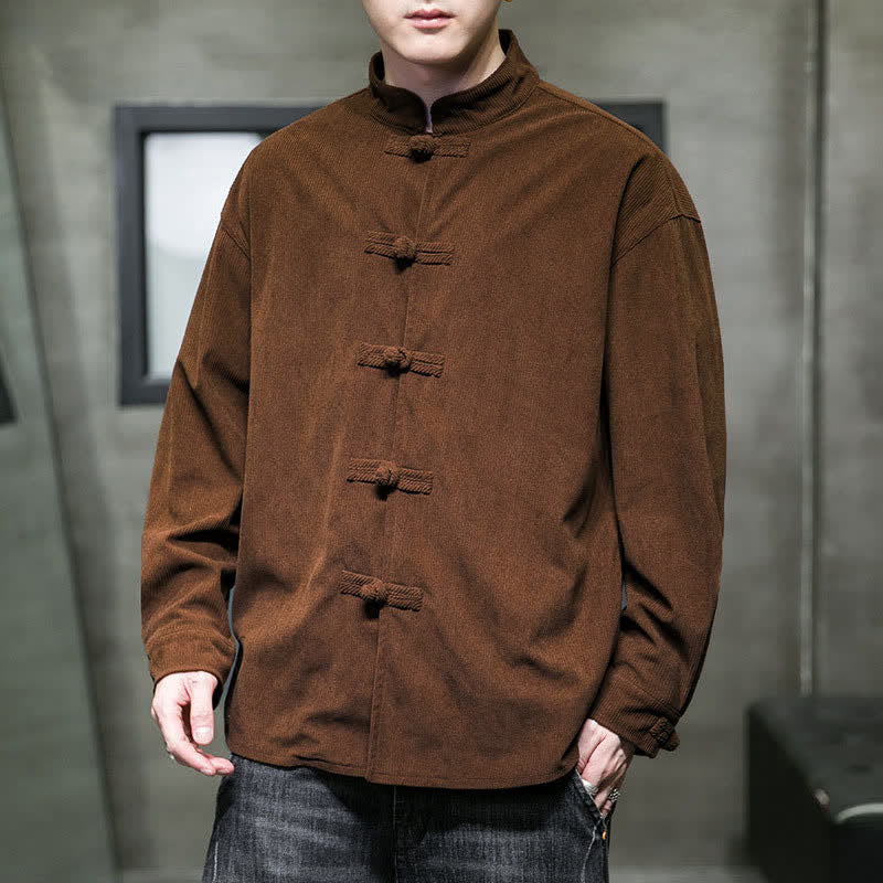 Buddha Stones Chaqueta de hombre de algodón liso con botones de rana, estilo casual de otoño/invierno. - image 3