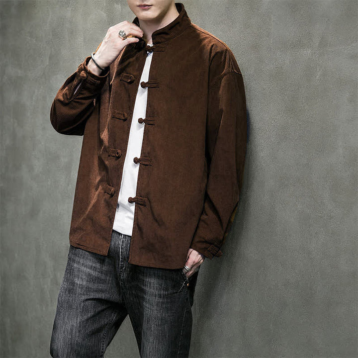 Buddha Stones Chaqueta de hombre de algodón liso con botones de rana, estilo casual de otoño/invierno. - image 9