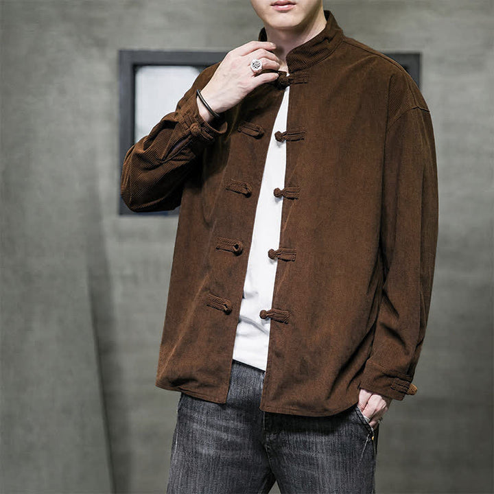 Buddha Stones Chaqueta de hombre de algodón liso con botones de rana, estilo casual de otoño/invierno. - image 5
