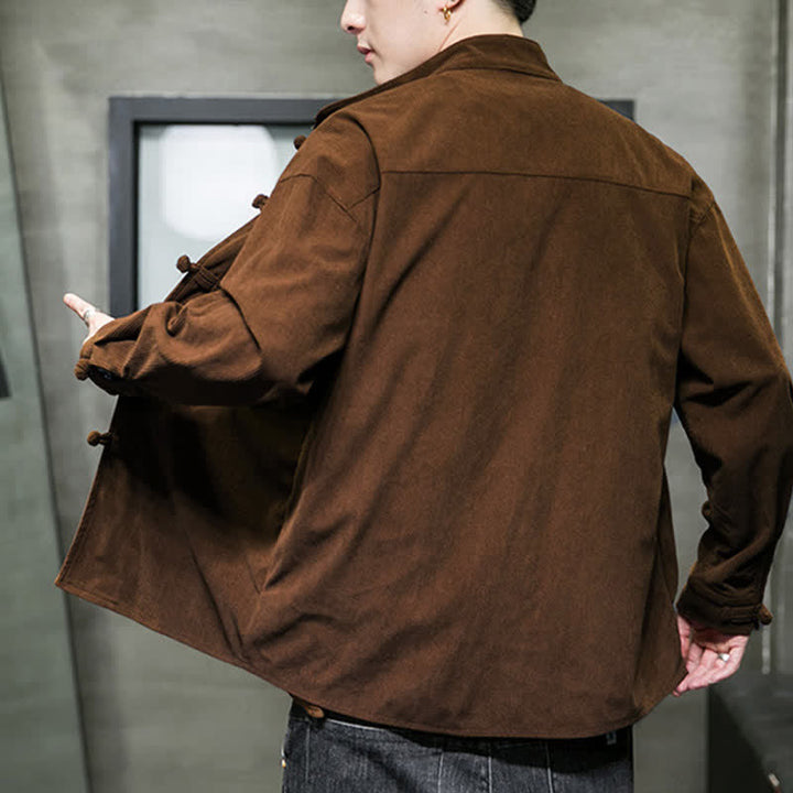 Buddha Stones Chaqueta de hombre de algodón liso con botones de rana, estilo casual de otoño/invierno. - image 4