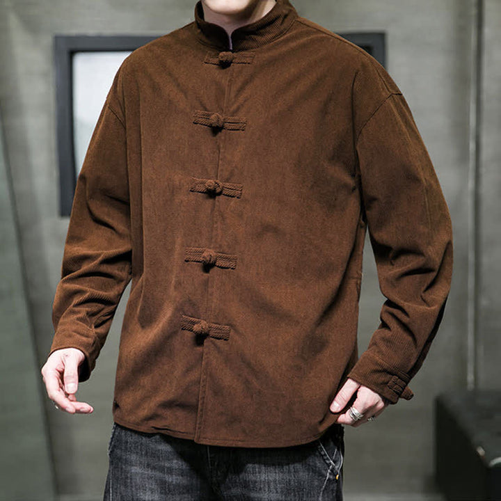 Buddha Stones Chaqueta de hombre de algodón liso con botones de rana, estilo casual de otoño/invierno. - image 7