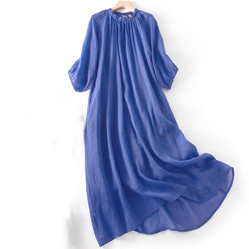 Vestido midi liso con mangas tres cuartos abullonadas y bolsillos, estampado Buddha Stones. - image 2