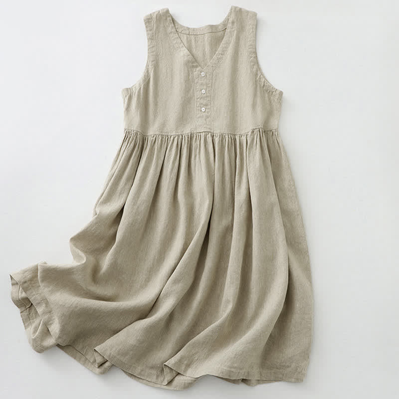 Vestido midi sin mangas de color liso con cuello en V y botones sencillos , de Buddha Stones Daily Casual. - Lino - US12, UK/AU16, EU44 (2XL) - image 0