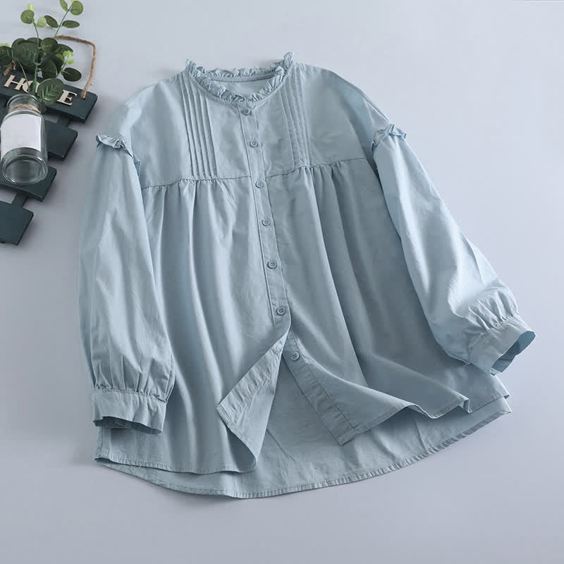 Buddha Stones Camisa de manga larga plisada de manga larga para mujer, estilo vintage informal de primavera. - Azul claro - US8-10, UK/AU12-14, EU40-42 (2XL) - image 0