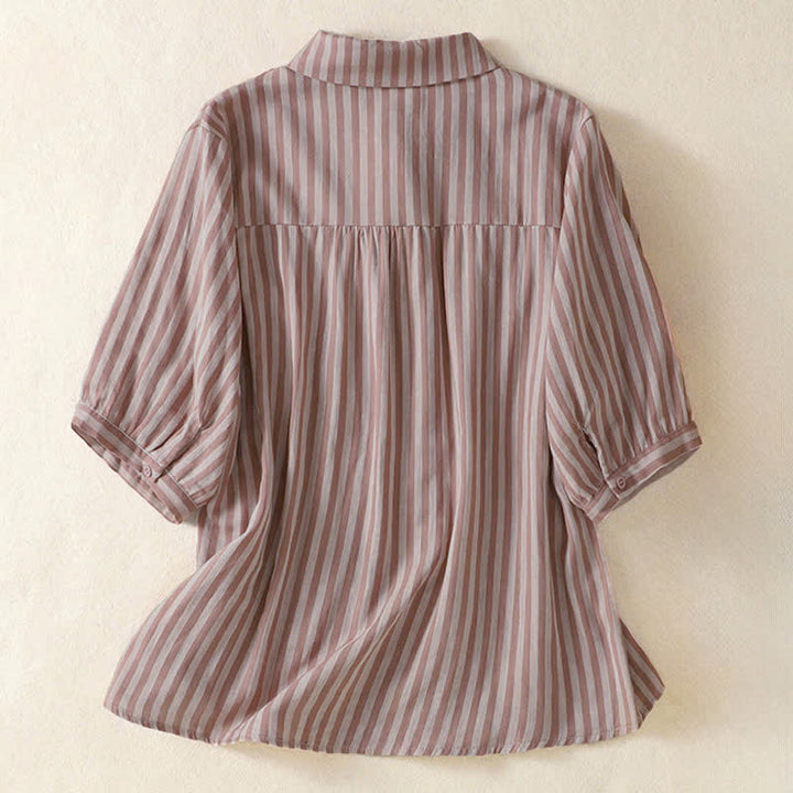 Buddha Stones Camisa de manga corta a rayas para mujer, estilo casual de verano, con botones y bolsillo de parche. - image 9