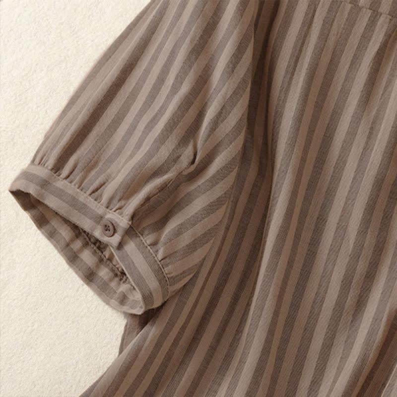 Buddha Stones Camisa de manga corta a rayas para mujer, estilo casual de verano, con botones y bolsillo de parche. - image 19