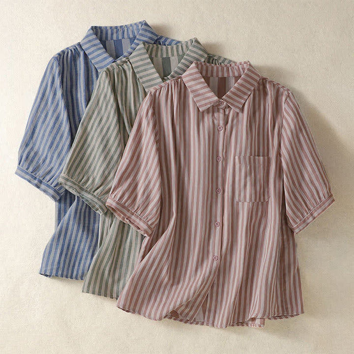 Buddha Stones Camisa de manga corta a rayas para mujer, estilo casual de verano, con botones y bolsillo de parche. - image 29