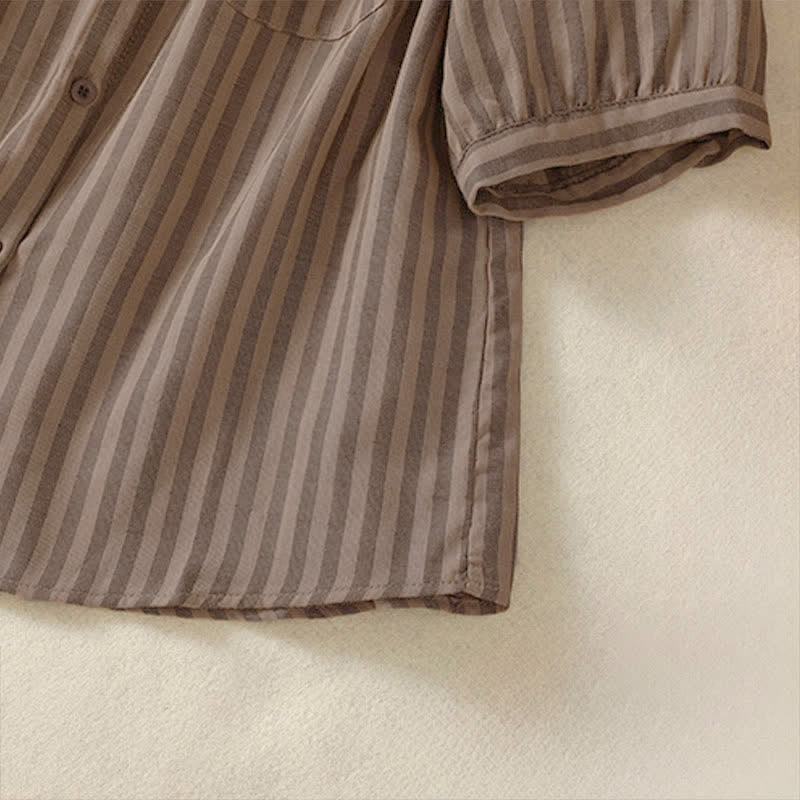 Buddha Stones Camisa de manga corta a rayas para mujer, estilo casual de verano, con botones y bolsillo de parche. - image 22