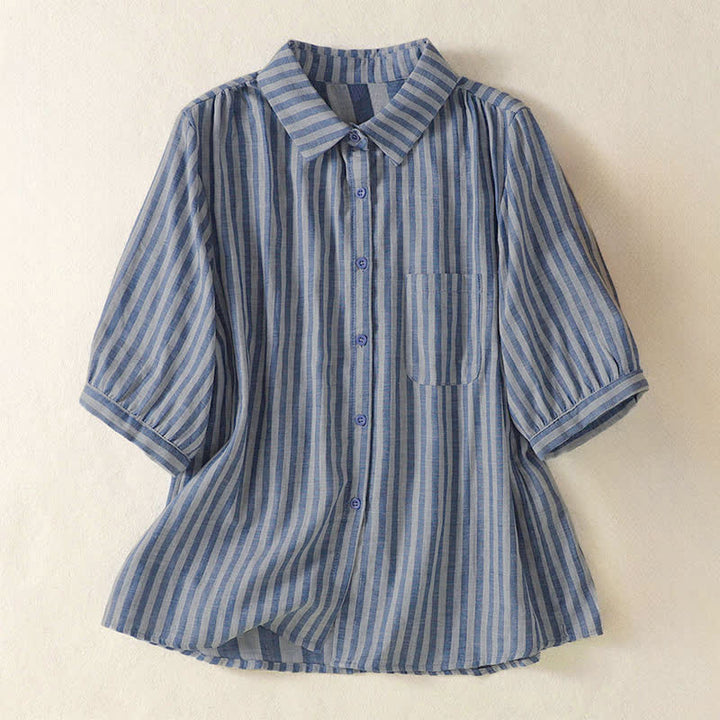 Buddha Stones Camisa de manga corta a rayas para mujer, estilo casual de verano, con botones y bolsillo de parche. - Azul acero - US12, UK/AU16, EU44 (3XL) - image 24