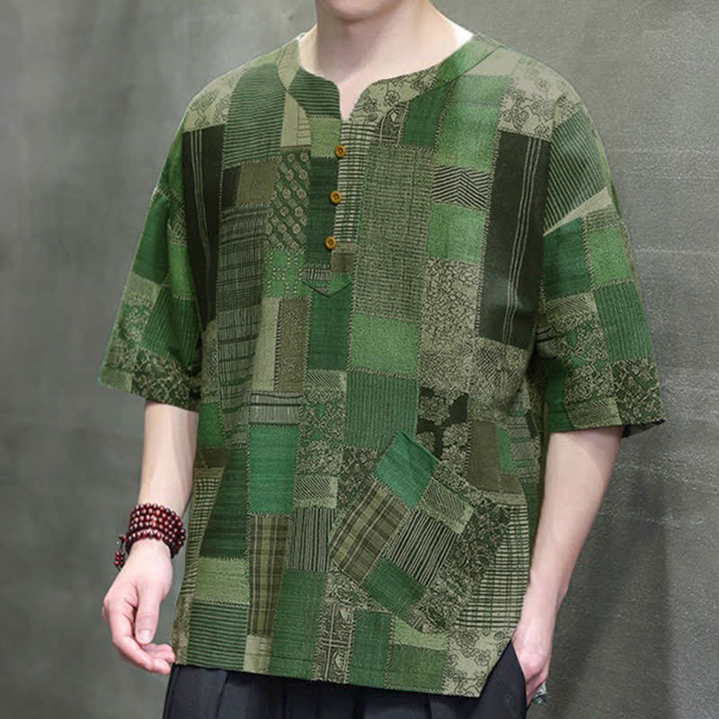 Buddha Stones Camisas de manga corta para hombre con diseño de patchwork a cuadros, estilo bohemio informal de verano y bolsillo de parche. - image 6
