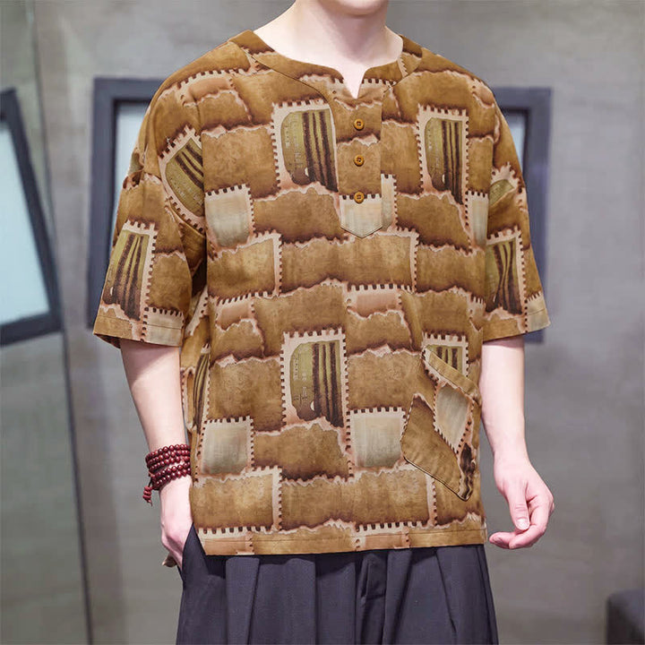 Buddha Stones Camisas de manga corta para hombre con diseño de patchwork a cuadros, estilo bohemio informal de verano y bolsillo de parche. - image 15