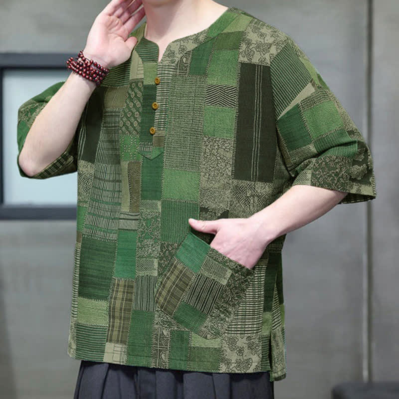 Buddha Stones Camisas de manga corta para hombre con diseño de patchwork a cuadros, estilo bohemio informal de verano y bolsillo de parche. - image 5
