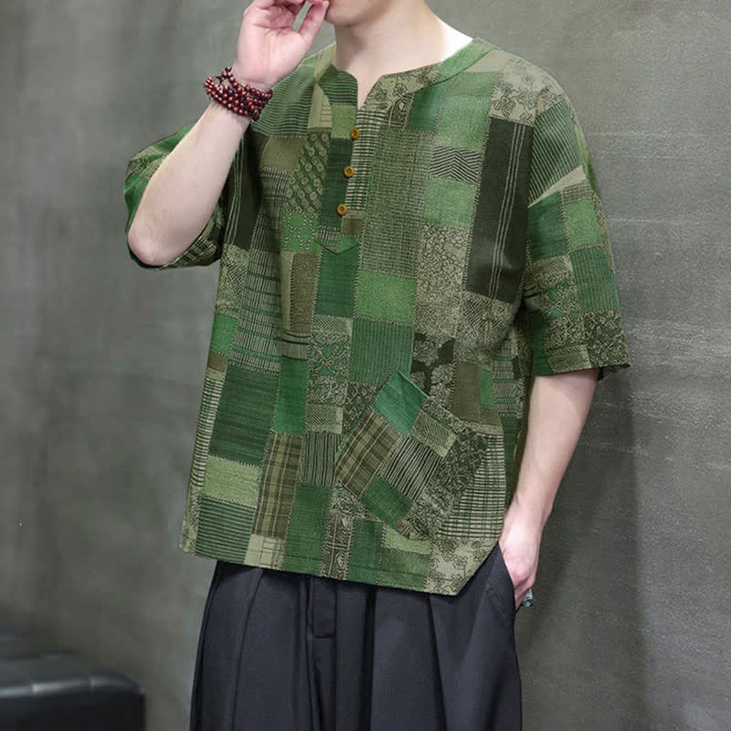 Buddha Stones Camisas de manga corta para hombre con diseño de patchwork a cuadros, estilo bohemio informal de verano y bolsillo de parche. - image 8