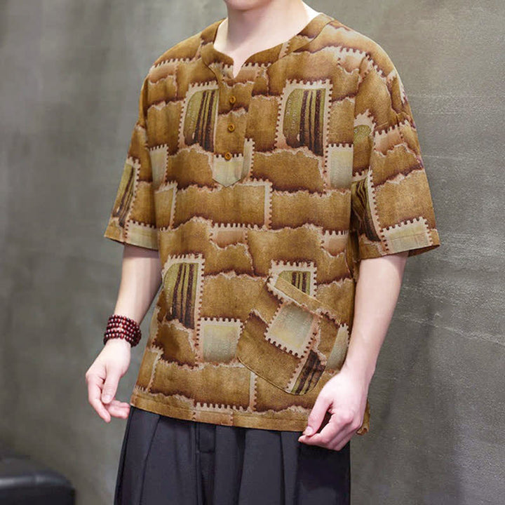 Buddha Stones Camisas de manga corta para hombre con diseño de patchwork a cuadros, estilo bohemio informal de verano y bolsillo de parche. - image 17