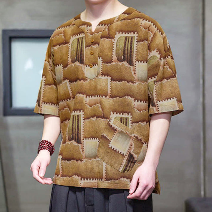 Buddha Stones Camisas de manga corta para hombre con diseño de patchwork a cuadros, estilo bohemio informal de verano y bolsillo de parche. - Vara de oro oscura - US/UK/AU46, EU56 (5XL) - image 9