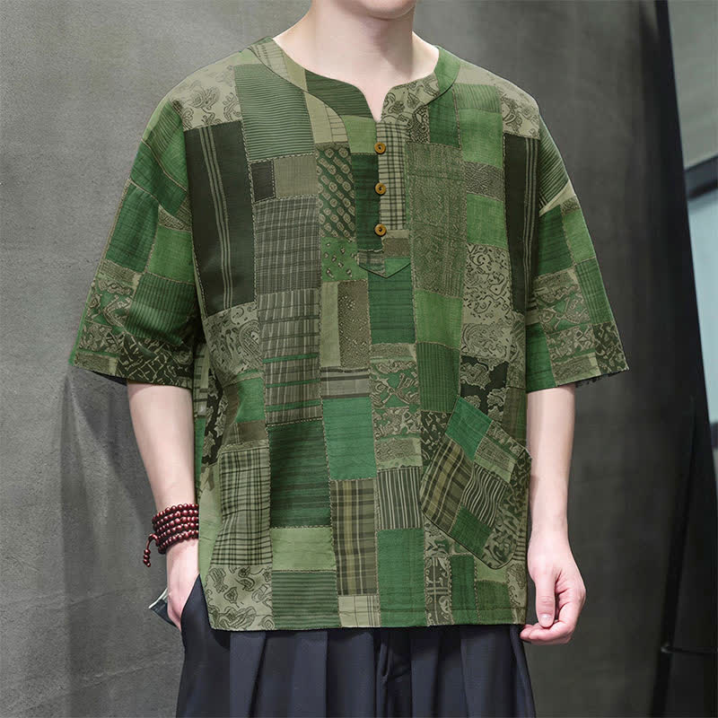 Buddha Stones Camisas de manga corta para hombre con diseño de patchwork a cuadros, estilo bohemio informal de verano y bolsillo de parche. - image 2