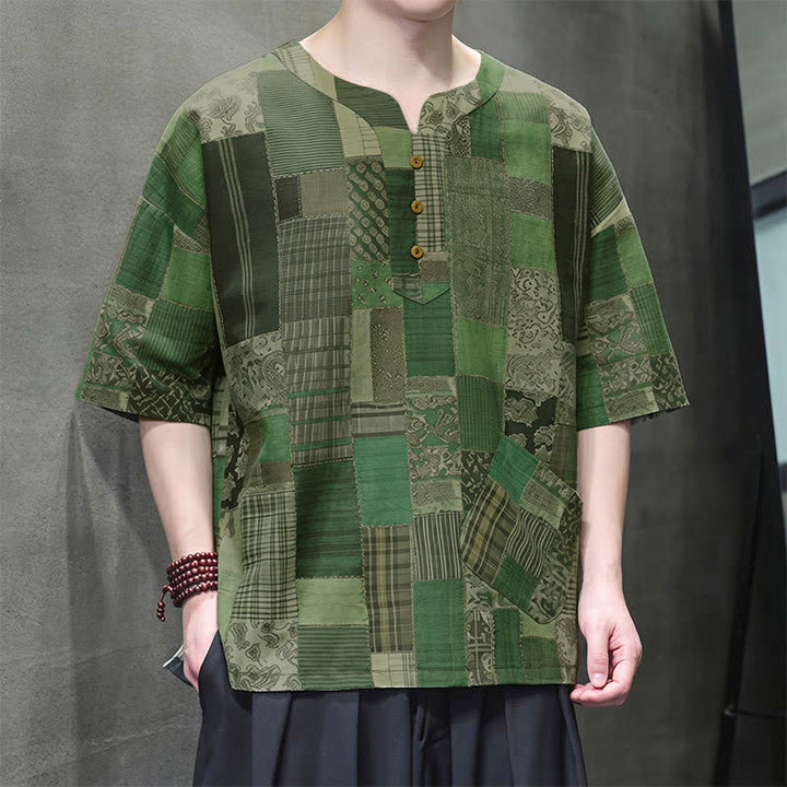 Buddha Stones Camisas de manga corta para hombre con diseño de patchwork a cuadros, estilo bohemio informal de verano y bolsillo de parche. - image 2