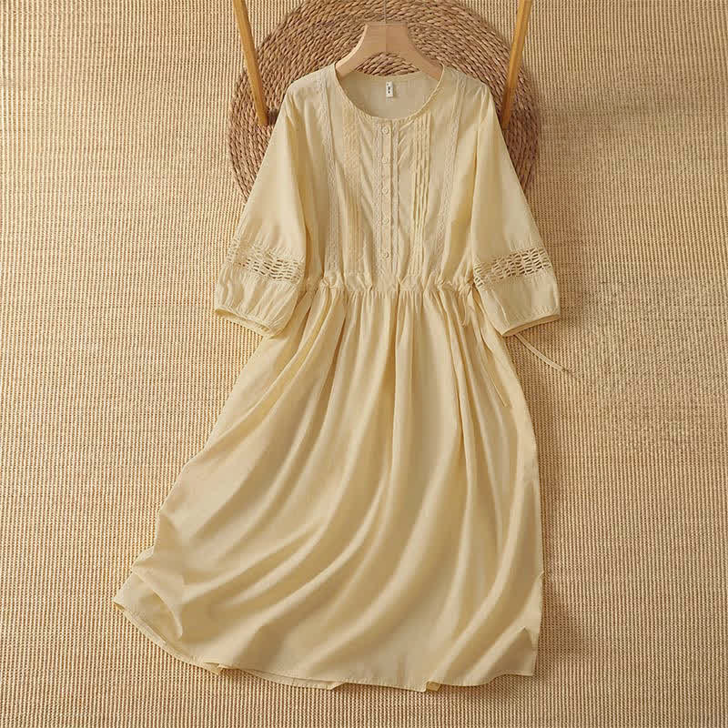Buddha Stones Conjunto de 2 piezas de vestido de verano informal bohemio liso con cuello redondo y manga hasta el codo para mujer con bolsillo. - PaleGoldenRod - US12, UK/AU16, EU44 (2XL) - image 0