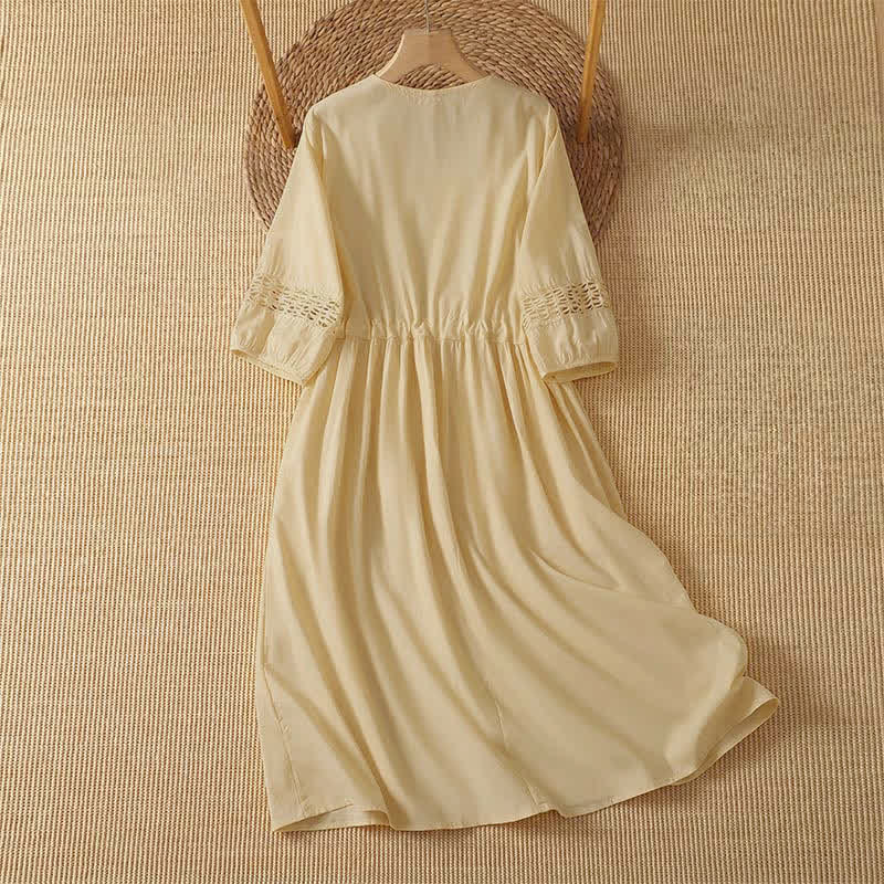 Buddha Stones Conjunto de 2 piezas de vestido de verano informal bohemio liso con cuello redondo y manga hasta el codo para mujer con bolsillo. - image 1