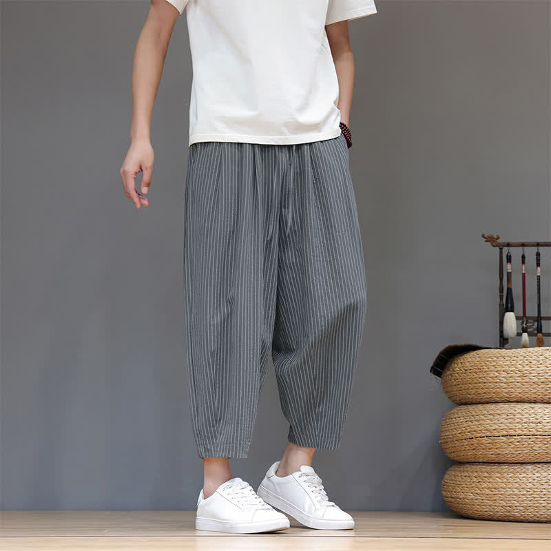 Buddha Stones Pantalones capri de algodón y lino a rayas, estilo casual de verano, minimalistas, con cordón ajustable, corte ajustado y bolsillo. - Gris pizarra - US/UK/AU46, EU56 (5XL) - image 0