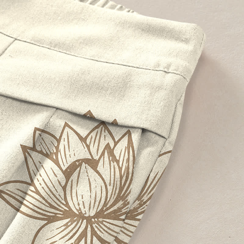 Buddha Stones Pantalones de mujer de lino y algodón con estampado vintage de loto y pernera ancha, cintura elástica y bolsillos. - image 2
