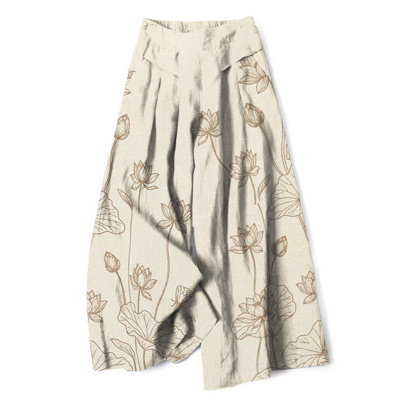 Buddha Stones Pantalones de mujer de lino y algodón con estampado vintage de loto y pernera ancha, cintura elástica y bolsillos. - Beige - US16，UK/AU20，EU48 (3XL) - image 0